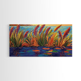 Autumn Lakeside, Grasses, Art, Framed Canvas Print, Fall coastal reed painting, rustic harvest decor, nature print, living room wall