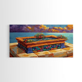 Tile Garden, Water, Feature, Framed Canvas Print Bright terracotta planter wall art, outdoor courtyard or patio decor, folk painting