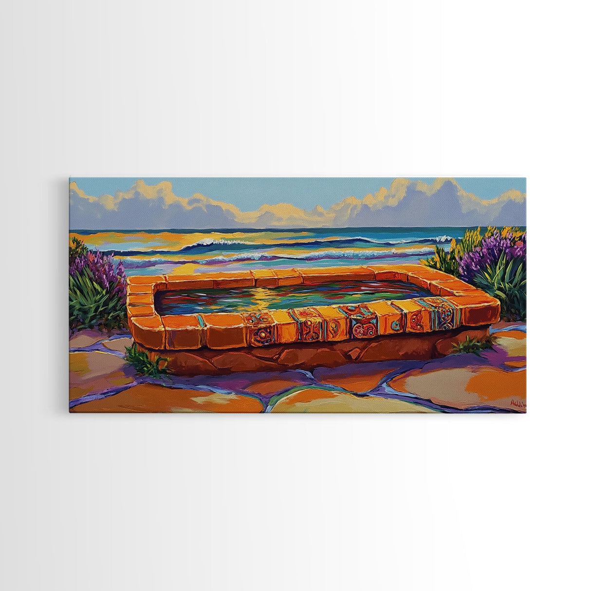 Ocean Terrace, Bath, Scene, Framed Canvas Print Mexican tile spa ocean view, tropical coastal wall art, vibrant bathroom or garden print