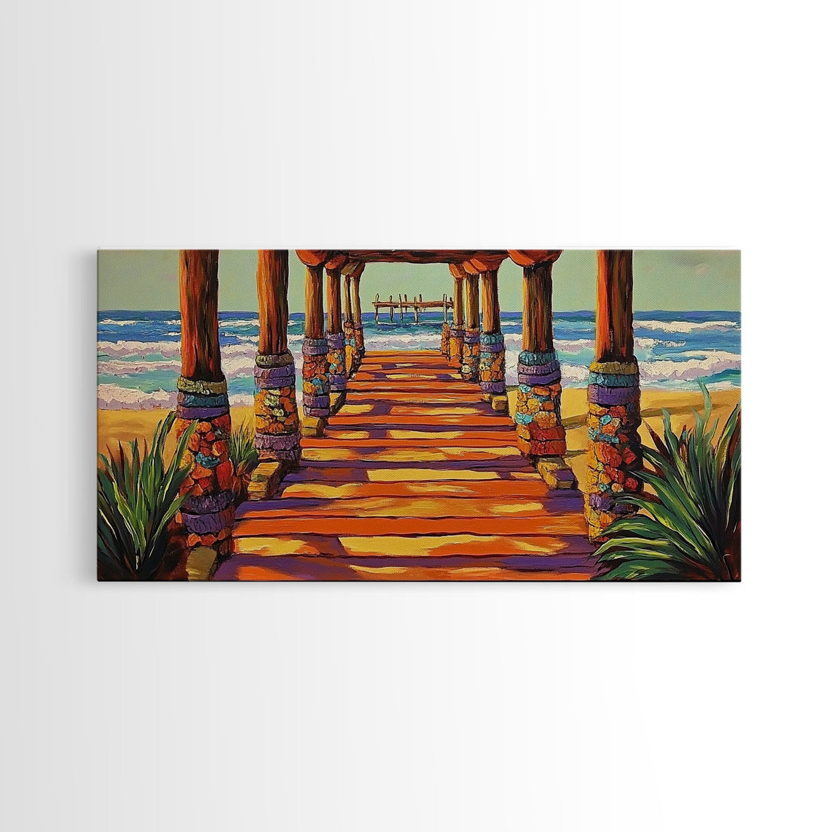 Pier Beach, Sunset, Vibrant, Canvas Print tropical coastal wall art, beach hallway decor, ocean waves painting, summer home artwork