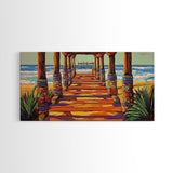 Pier Beach, Sunset, Vibrant, Canvas Print tropical coastal wall art, beach hallway decor, ocean waves painting, summer home artwork