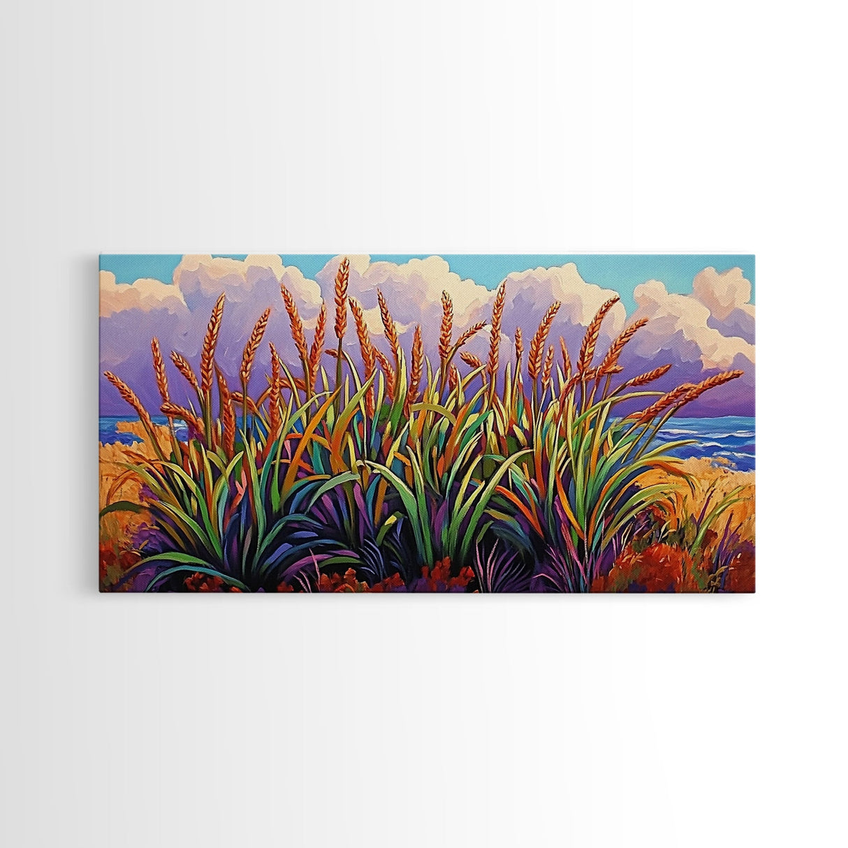 Wheat Grasses, Coastal, Sunrise, Canvas Print rustic boho kitchen wall art, country field beach decor, nature inspired autumn artwork