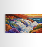 Waterfall Rainbow, Canyon, Bold, Framed Canvas Print vibrant nature bathroom decor, boho rainbow mountain wall art, fantasy print