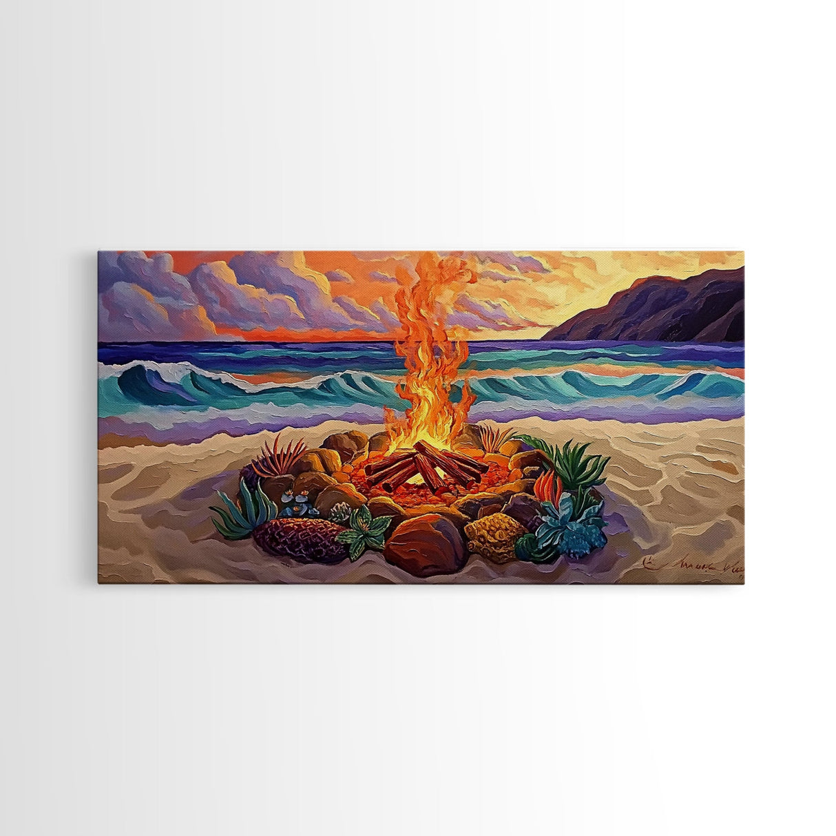 Beach Campfire, Sunset, Tropical Vibes, island evening Canvas Print, fall boho decor, colorful beach firepit living room wall art