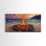 Beach Campfire, Sunset, Tropical Vibes, island evening Canvas Print, fall boho decor, colorful beach firepit living room wall art