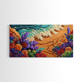 Tropical, Flower, Wave Art, Framed Canvas Print, coastal floral seascape painting, vibrant Summer Decor, Bathroom Wall Art, boho art