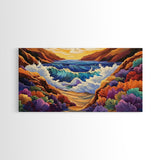 Ocean Sunset, Wave Splash, Framed Canvas Print, colorful crashing waves, rocky coast wall decor, Beach House Wall painting
