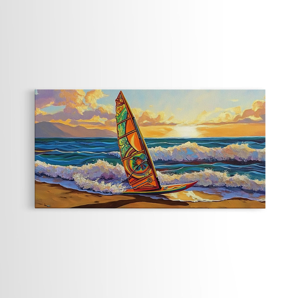 Windsurf Sunset, Beach Scene, Canvas Print, colorful surfboard at sea painting, coastal adventure, Bedroom Wall Art, surfer boho art