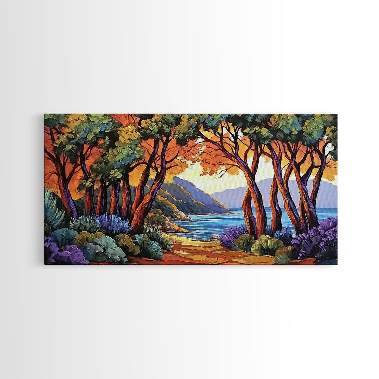 Trees Autumn, Ocean Trail, Canvas Print, Fall landscape, trees leading to ocean view, colorful palette, Living Room Wall Art