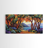 Trees Autumn, Ocean Trail, Canvas Print, Fall landscape, trees leading to ocean view, colorful palette, Living Room Wall Art