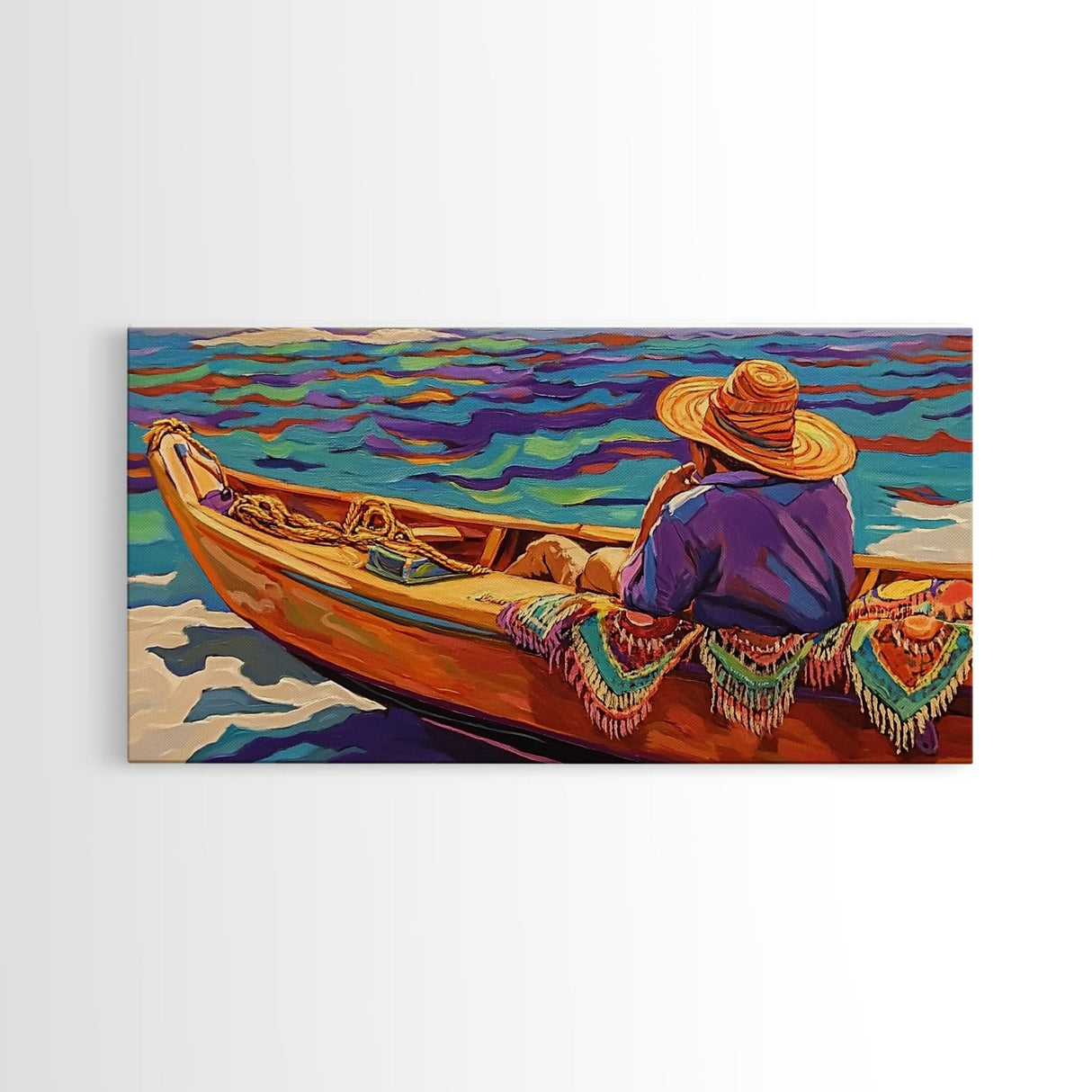 Boat Fisherman, Serene, Waters, Canvas Print colorful coastal life art Office Wall Art tropical ocean boho decor relaxed living