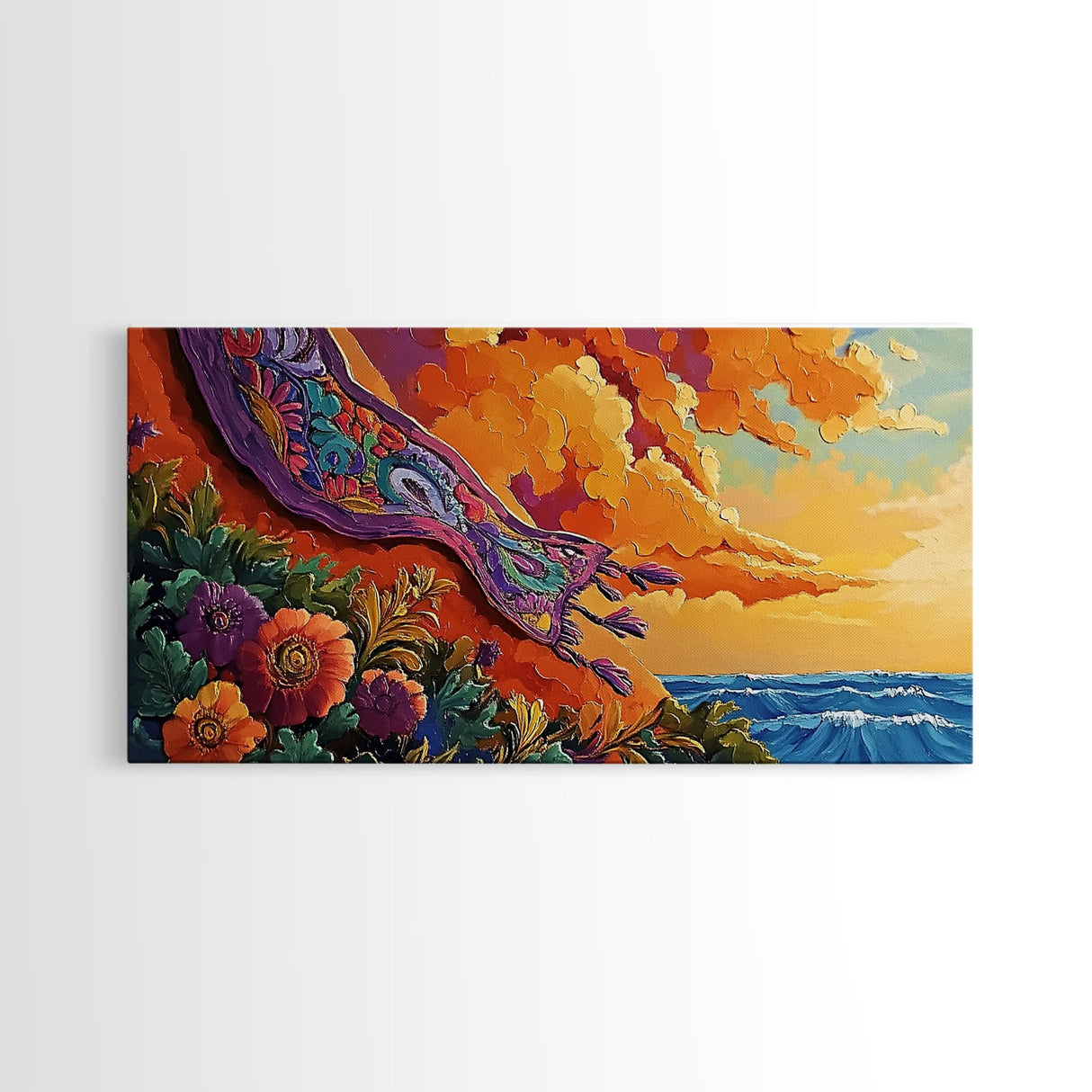 Sunset Coast, Rug, Framed Canvas Print, Sunset Beach Art, Magic Carpet Illustration, Vibrant Coastal Decor, Dreamy Bedroom Art