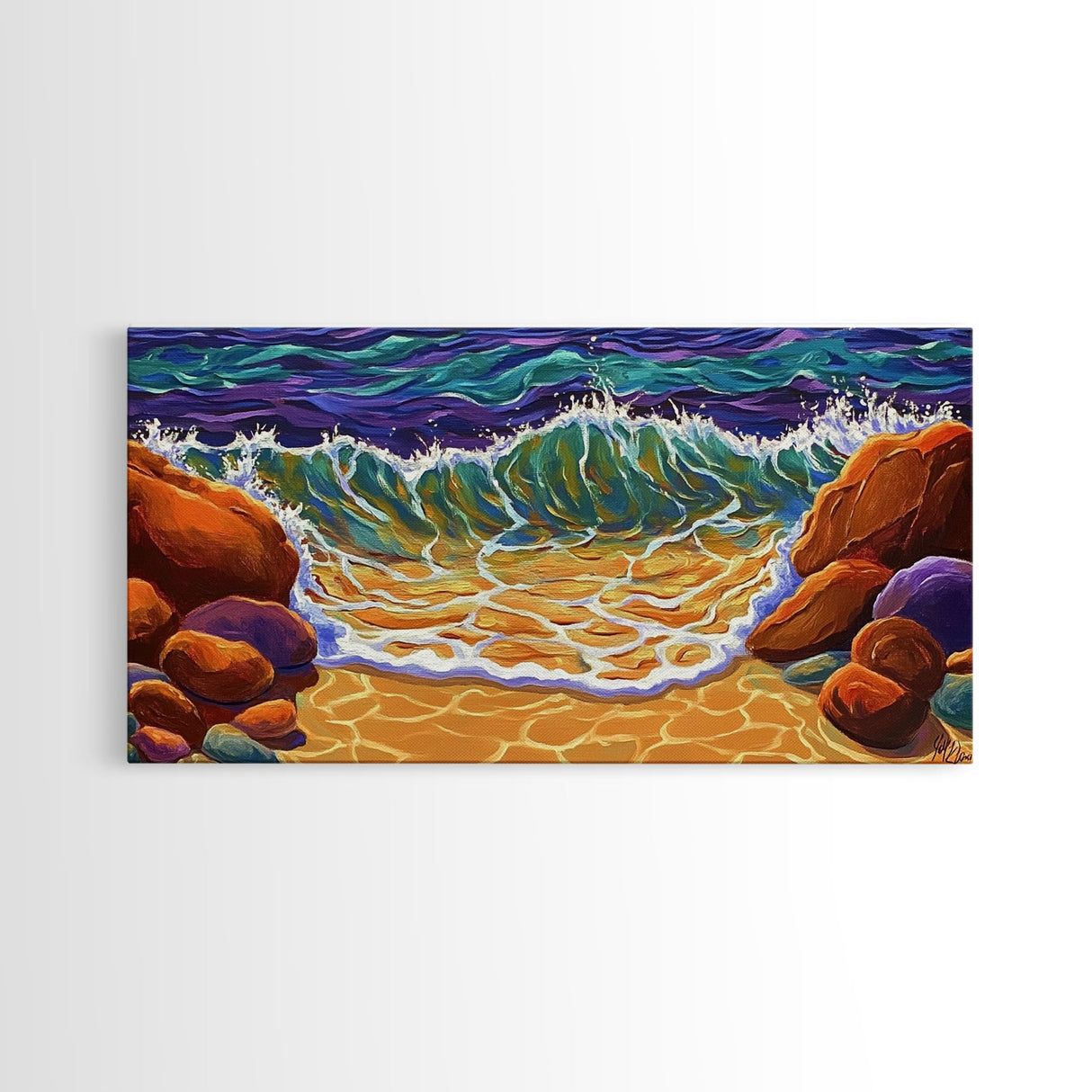 Wave Shoreline, Rocks, Splash, Vibrant ocean wall art, coastal home decor, Canvas Print, bathroom beach art, bold seascape painting