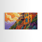 Cliffside House, Sunset, View, Desert boho mountain house, colorful Canvas Print, living room wall art, dramatic sky landscape painting
