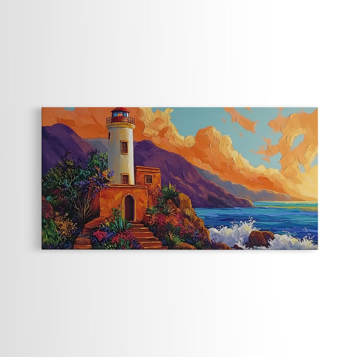 Lighthouse Ocean, Sunset, Cliff, Coastal lighthouse Canvas Print, living room seascape painting, nautical wall decor, sunset vibes art