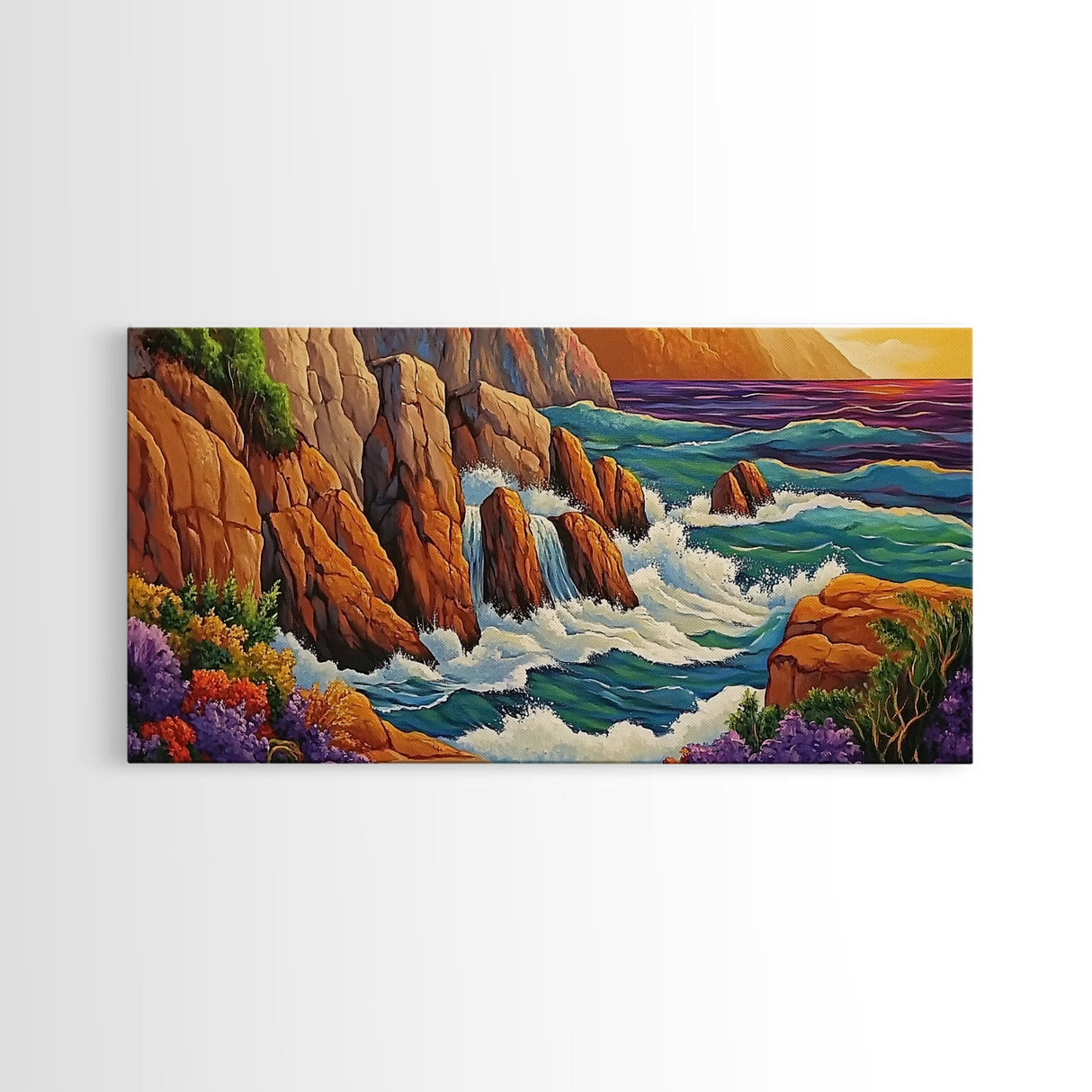 Rocks Waves, Sea, Energy, Dramatic cliff seascape Canvas Print, living room wall art, bold ocean decor, coastal energy painting