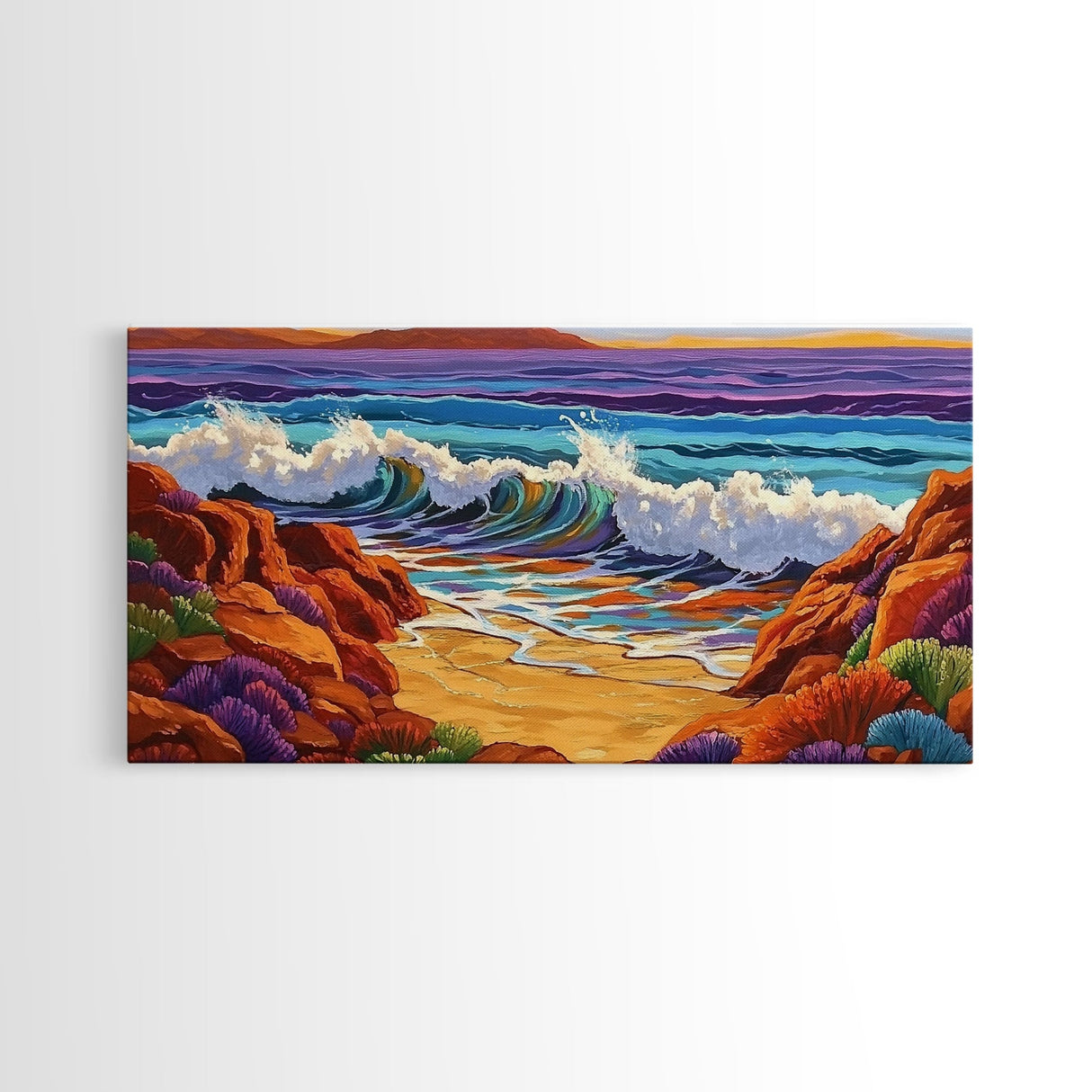 Surf Shoreline, Rocks, Sunset, Vibrant coastal Canvas Print, wave crashing beach art, living room ocean scene, colorful boho seascape