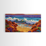 Surf Shoreline, Rocks, Sunset, Vibrant coastal Canvas Print, wave crashing beach art, living room ocean scene, colorful boho seascape
