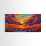 Sunset Ocean, Sky, Framed Canvas Print, Vibrant sunset ocean wall decor, clouds seascape painting, Living Room Wall Art, boho art
