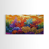 Reef Sunset, Underwater, Framed Canvas Print, Vibrant coral reef with tropical plants, sunset sky, Beachy decor, Bathroom Wall Art