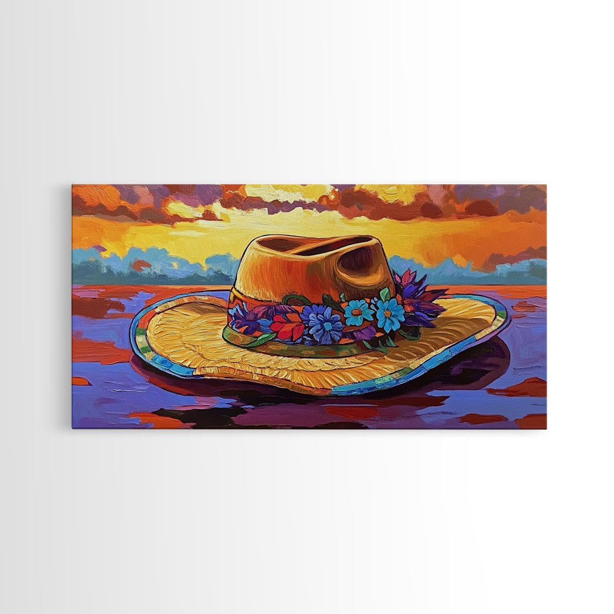 Hat Floral, Sunset, Framed Canvas Print, Boho straw hat with flowers on beach at sunset, Whimsical Summer Art, Entryway Wall Art