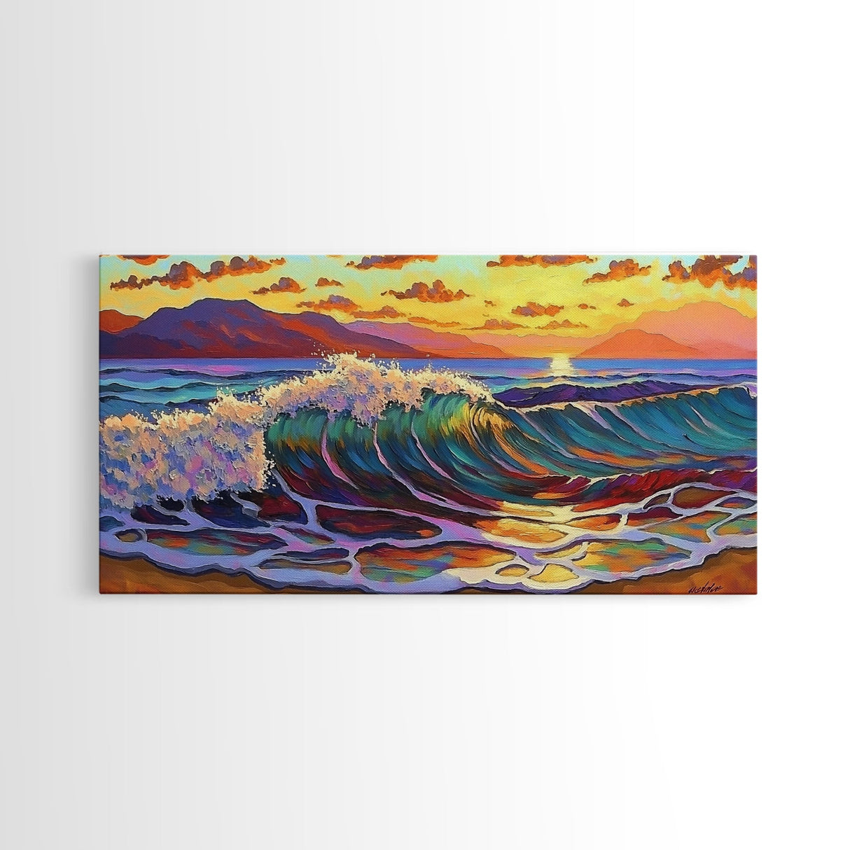 Waves Surf, Sunset, Framed Canvas Print, Colorful crashing wave with glowing sunset sky, Coastal Surfer Decor, Beach House Wall Art