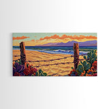 Beach Cactus, Fence, Framed Canvas Print, Vibrant Desert Beach Landscape, Colorful Boho Western Decor, Southwestern Living Room Art