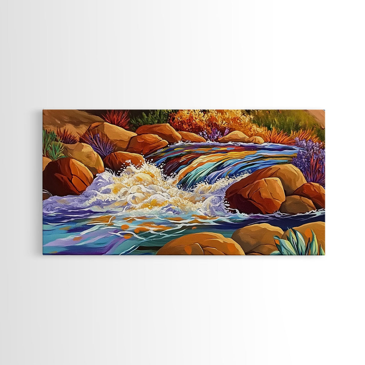 Autumn River, Rocks, Splash, Framed Canvas Print, colorful waterfall painting, nature wall art, rustic cabin decor, landscape art