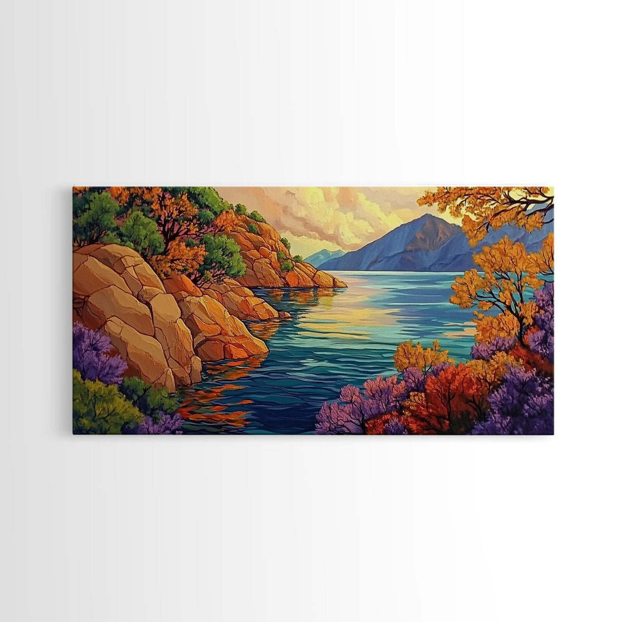 Mountain Lake, Trees, Reflection, Canvas Print with vivid autumn landscape painting, living room wall art, boho nature decor