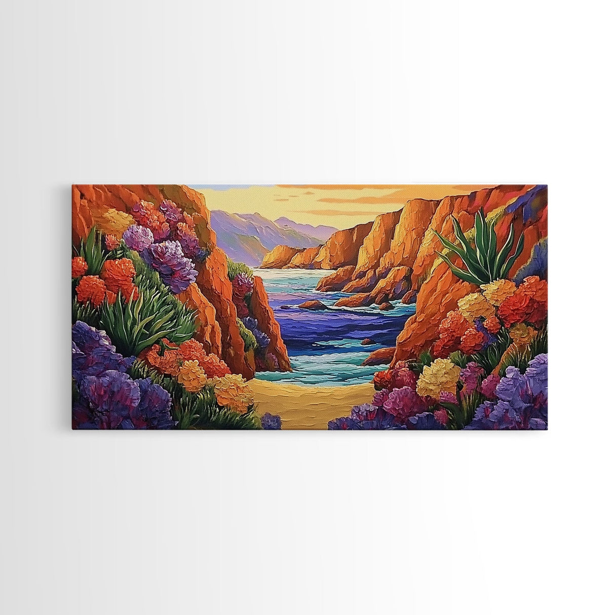 Desert Coast, Flowers, Path, Canvas Print, vibrant canyon seascape, southwest home decor, hallway wall art, colorful desert painting