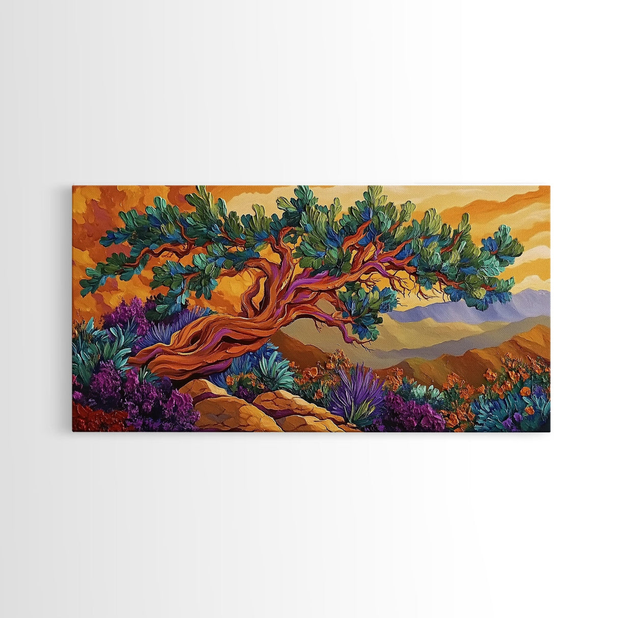 Tree Mountains, Sunset, Windswept, Canvas Print, expressive twisted pine painting, rustic boho decor, nature art, fall wall piece