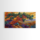 Tree Mountains, Sunset, Windswept, Canvas Print, expressive twisted pine painting, rustic boho decor, nature art, fall wall piece