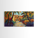 Villa Garden, Palms, Path, Framed Canvas Print, tropical courtyard scene, Mediterranean decor, living room wall art, villa painting