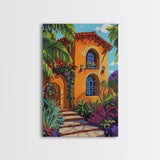 Tropical Villa, Sunset, Vibes, Framed Canvas Print, Mediterranean wall art, boho home decor, warm palette, Kitchen or Living Room