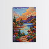 Lake Sunset, Mountains, Cabin, Framed Canvas Print, Serene mountain lake at sunset with cozy cabins, peaceful autumn living room wall art
