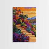Sunset Mexico, Colorful, Travel, Framed Canvas Print vibrant coastal villa painting, colorful sunset art, Mediterranean boho travel vibes
