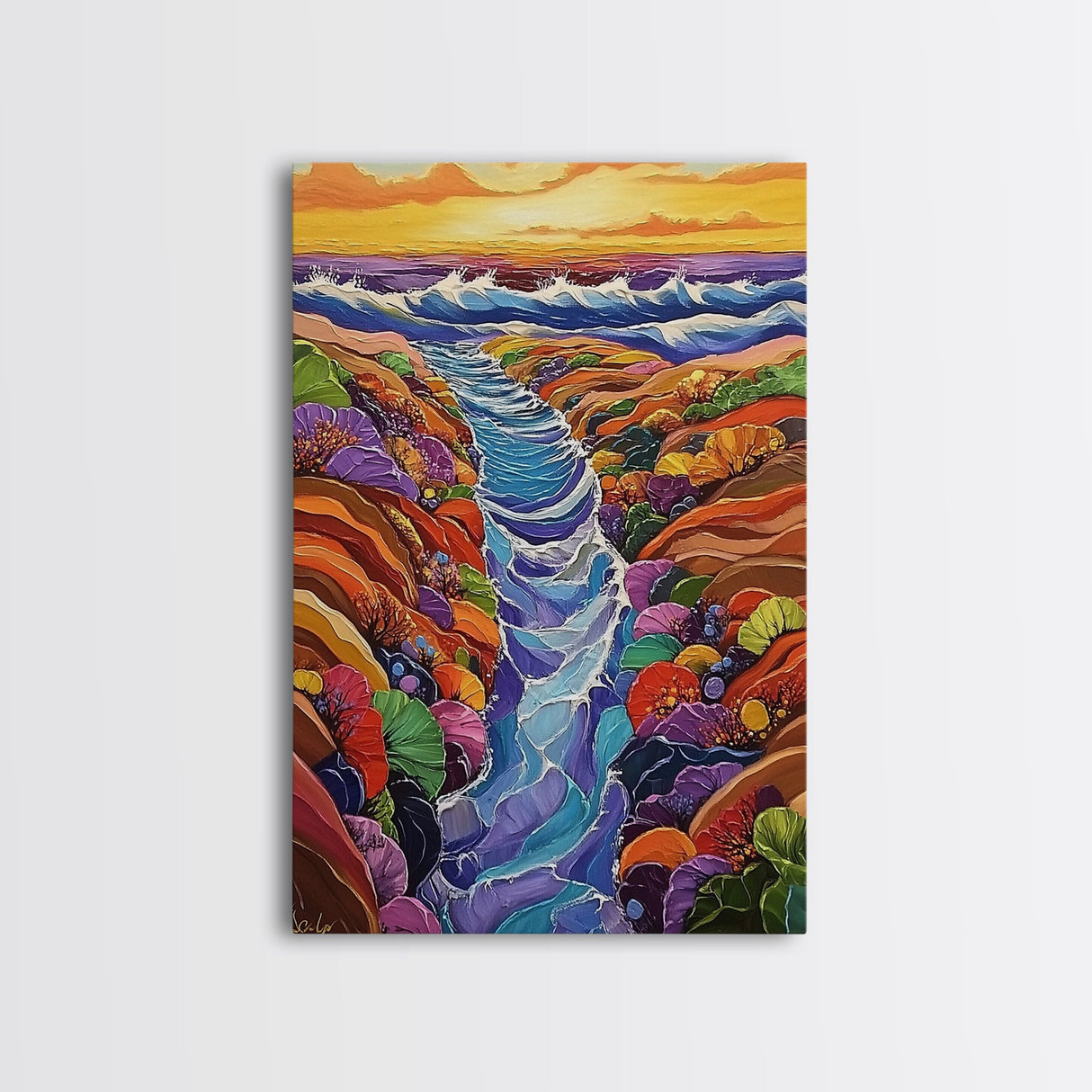 Ocean Tidepool, Rainbow, Shoreline, Canvas Print vivid shoreline tidepool painting, colorful abstract coastal artwork, ocean bathroom wall art