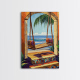 Swing Ocean, Tropical, Archway, Framed Canvas Print, Beach retreat wall art, vibrant tropical decor, Bedroom or Bathroom Wall Art