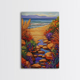 Path Ocean, Flowers, Shoreline, Framed Canvas Print, Bright coastal landscape, colorful wildflower path, Bathroom or Entryway Wall Art