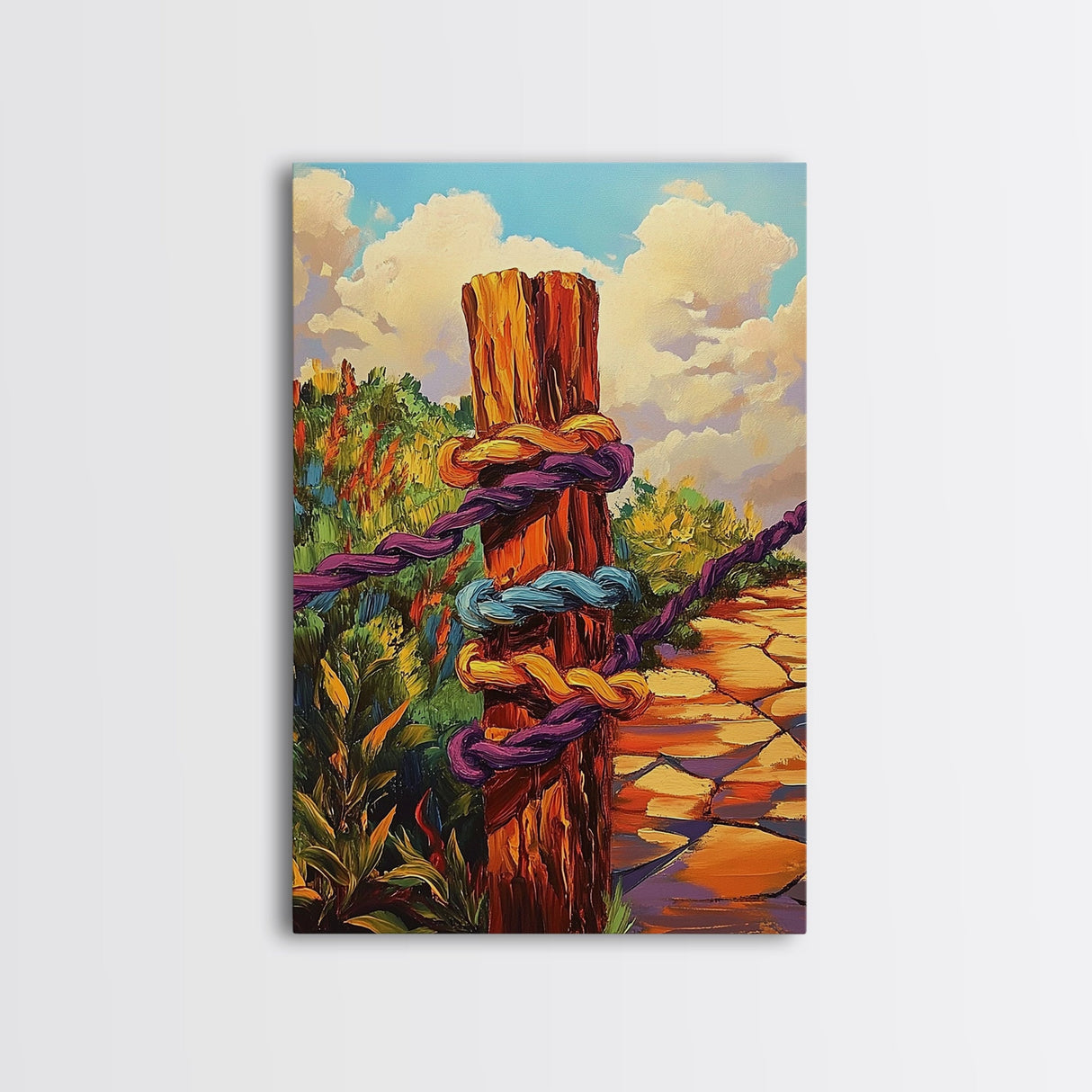 Post Rope, Path, Nature, Canvas Print, rustic fence art, countryside boho decor, vibrant outdoor scene, cozy cabin wall art, hallway style