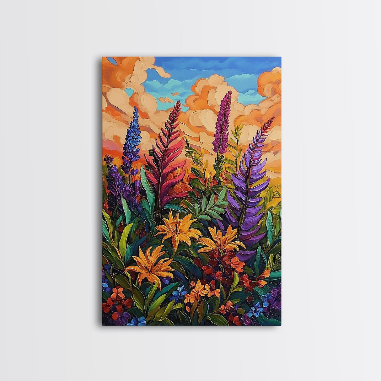 Vibrant Autumn, Blooms, Landscape, Framed Canvas Print, Bright Wildflower Artwork, Living Room Wall Art, Colorful Fall Floral Boho Painting