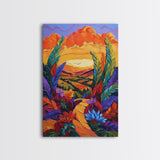 Bold Sunset, Path, Feathers, Canvas Print, Autumn Wall Art, Boho Nature Decor, Warm Colorful Hallway Art, Eclectic Landscape Painting