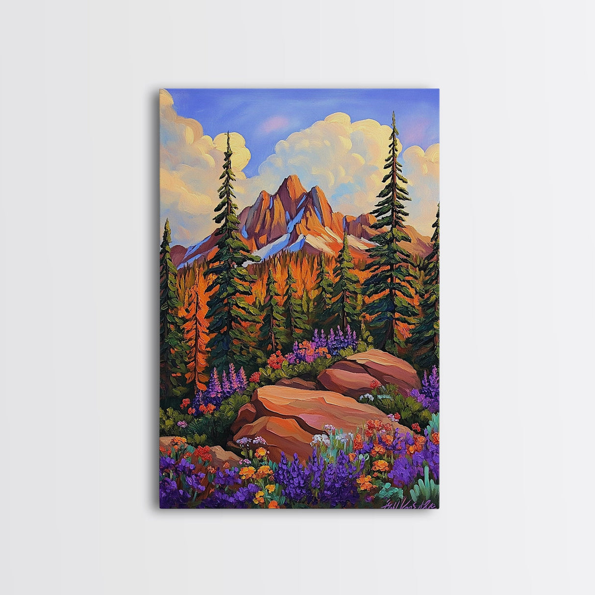 Mountain Forest, Wildflowers, Scenic, Framed Canvas Print, Nature Lover Gift, Cabin Decor, Rustic Living Room Art, Woodland Landscape