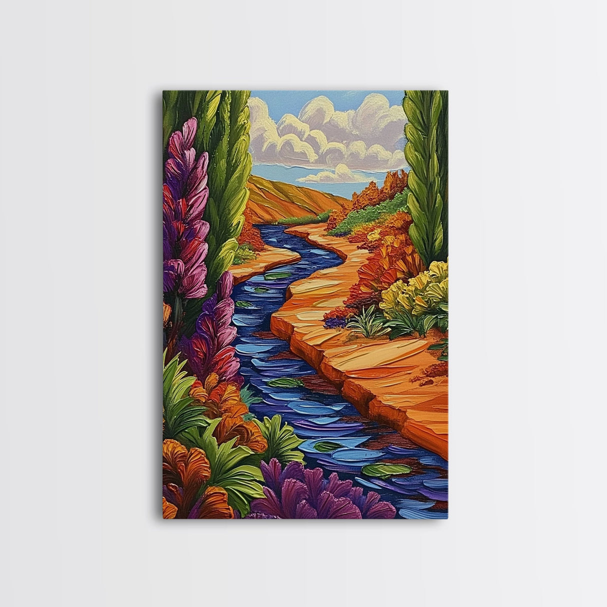 River Canyon, Fall, Flowers, Framed Canvas Print, Autumn Nature Artwork, Cozy Cabin Decor, Warm Earth Tones, Living Room Wall Art