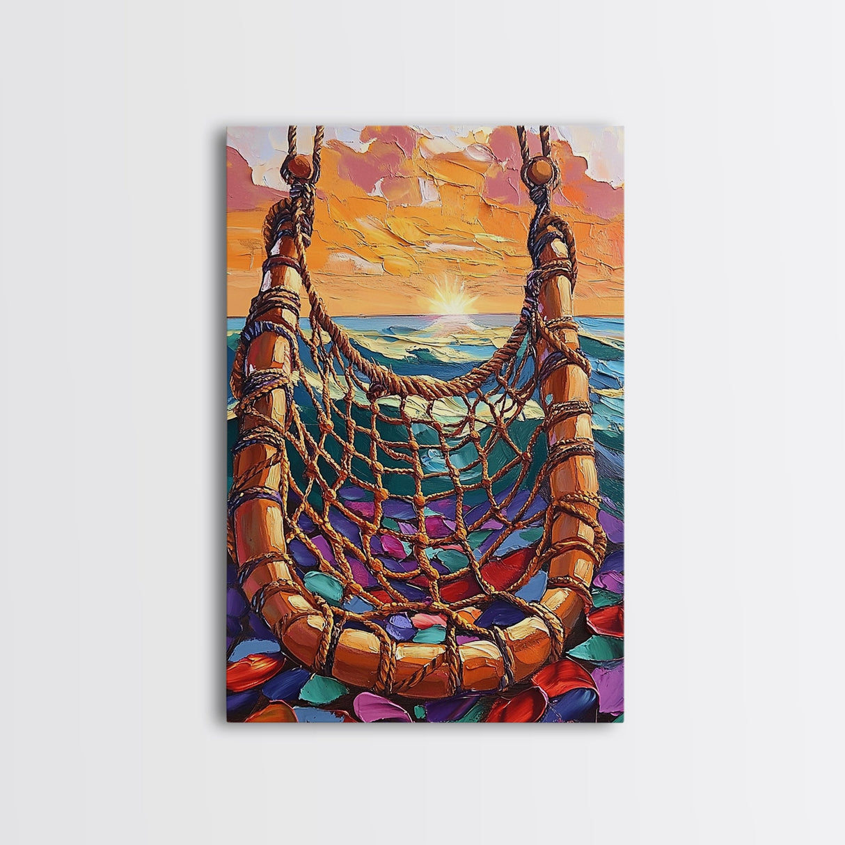 Ocean Hammock, Sunset, Boho, Framed Canvas Print dreamy hammock wall art, ocean sunset boho painting, coastal beach decor, patio art