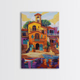 Village Boats, Reflections, Summer, Framed Canvas Print, coastal village wall art, Mediterranean canvas, kitchen decor, nautical rustic home