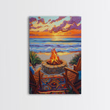 Firepit Sunset, Beach, Chairs, Canvas Print, cozy beach fire art, boho sunset vibes, fall bonfire wall decor, living room or patio