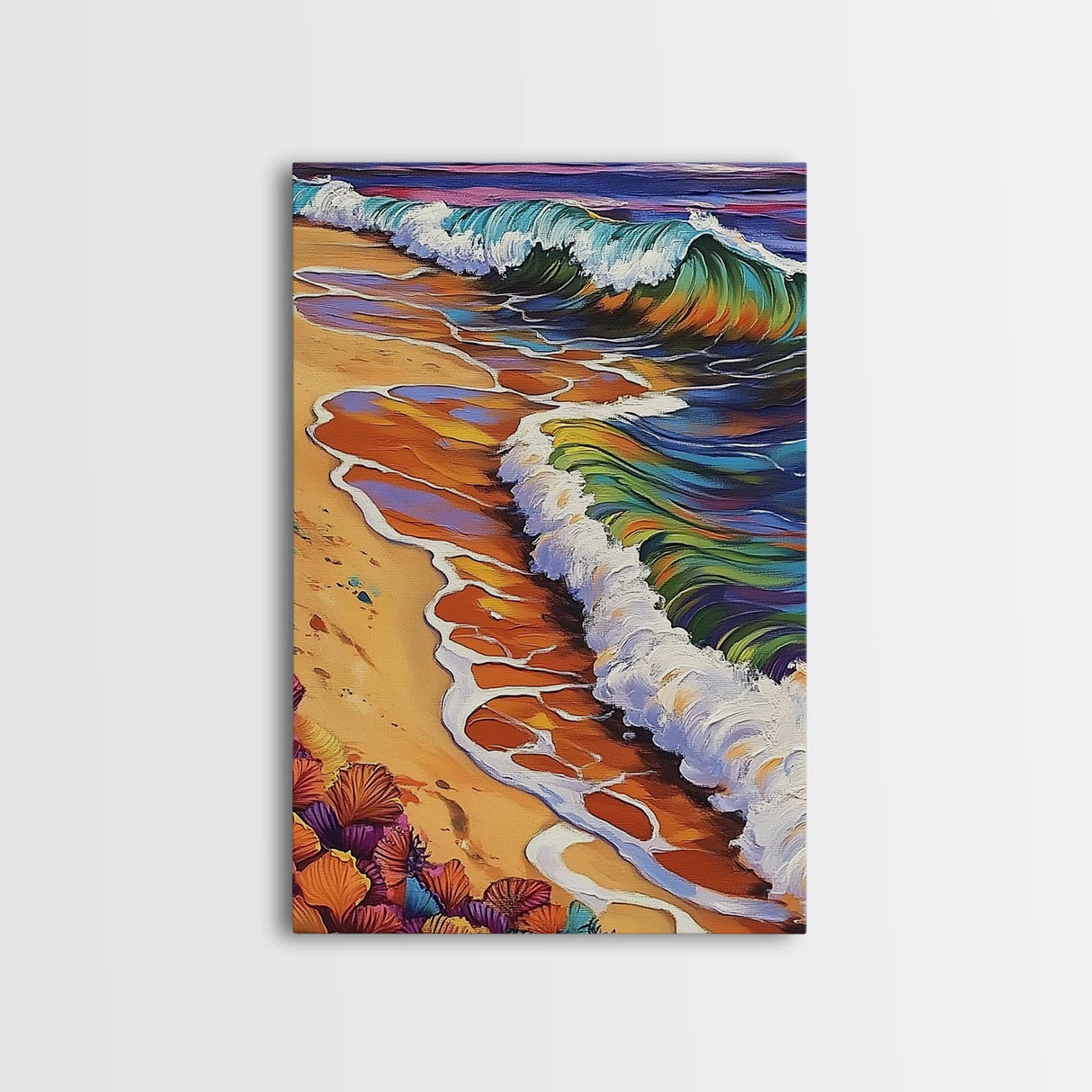 Beach Waves, Sunset, Framed Canvas Print, Vibrant Coastal Wall Art, Tropical Ocean Decor, Colorful Living Room Wall Art, Boho Beach Print