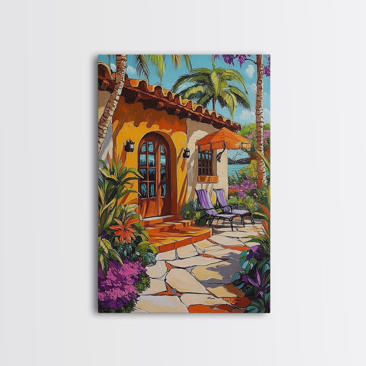Villa Poolside, Palm, Paradise, Framed Canvas Print, tropical patio wall art, coastal Mediterranean decor, outdoor relaxation art, boho vibe