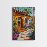 Villa Poolside, Palm, Paradise, Framed Canvas Print, tropical patio wall art, coastal Mediterranean decor, outdoor relaxation art, boho vibe